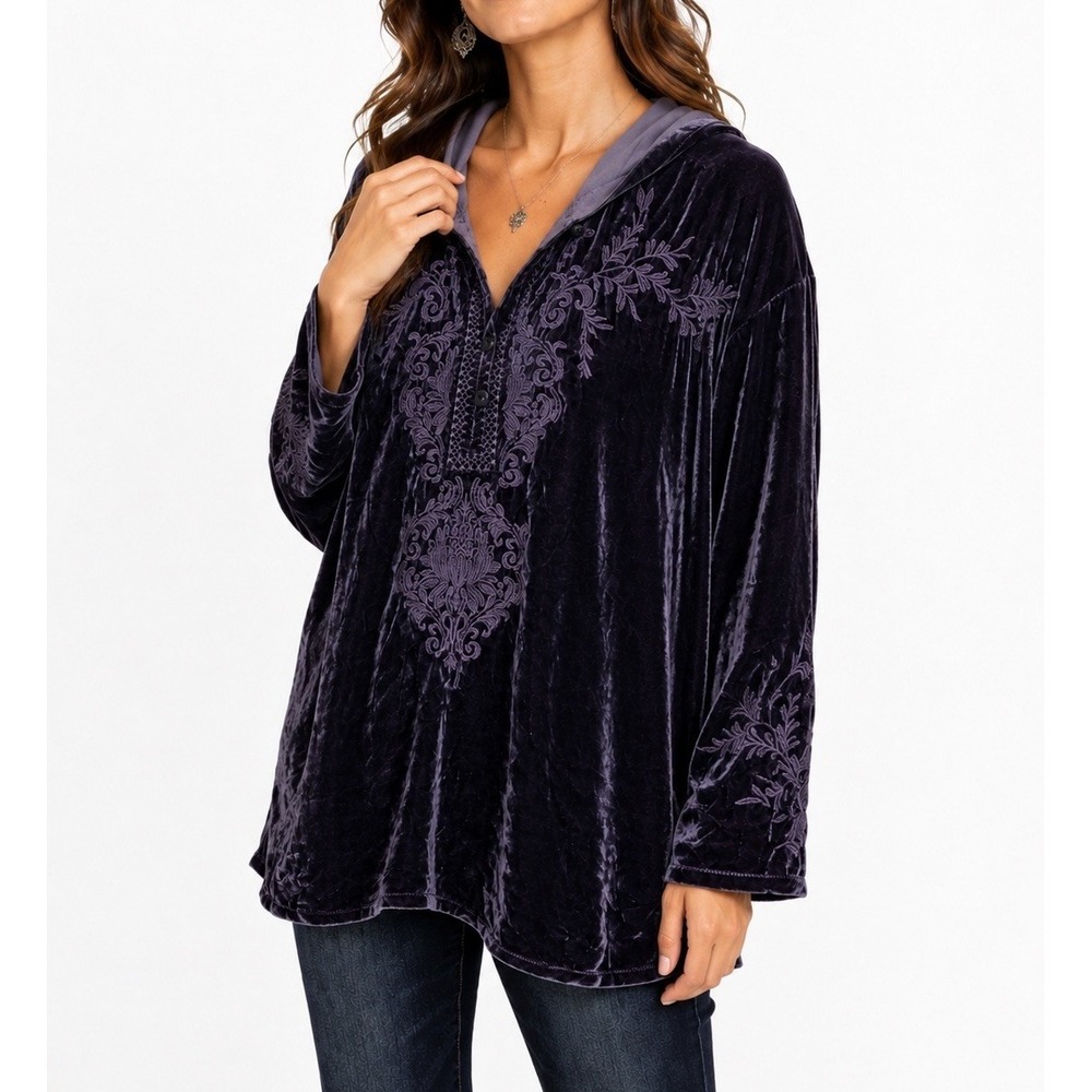 Johnny Was Velvet Pull On Hoodie M Deep Purple Silk Embroidered Boho Tunic